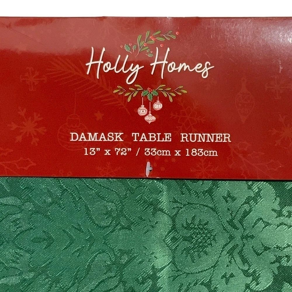 Holly Homes Table Runner Silky Holiday Christmas Green Damask 13 in x 72 in